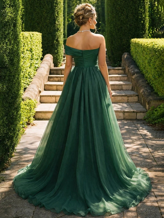 Jungle Green floor-length prom dress, front view showing the a-line silhouette