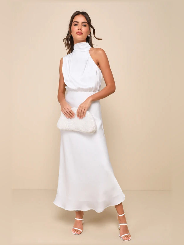White midi formal dress, full-length front view