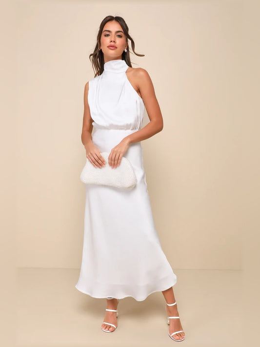 White midi formal dress, full-length front view