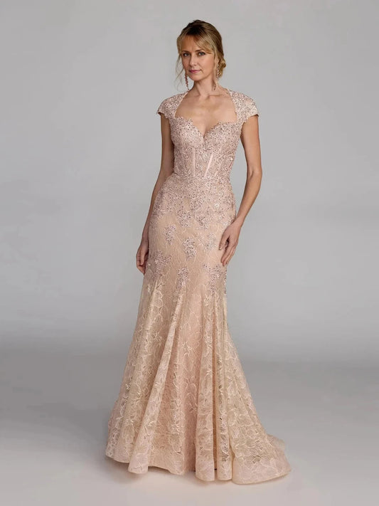 Champagne floor-length mother of the bride dress, front view showing the mermaid silhouette