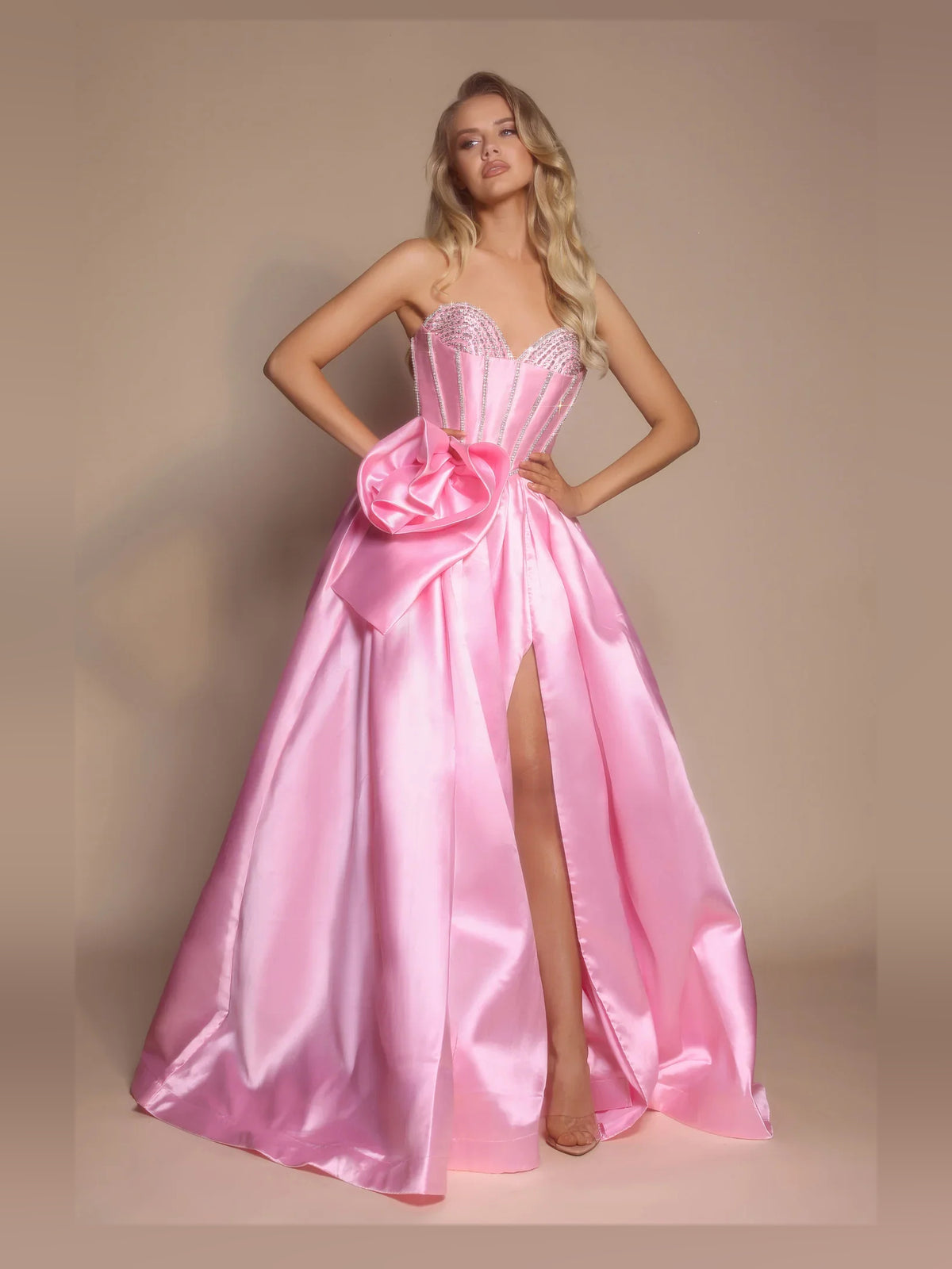 Pink floor-length prom dress, front view showing the a-line silhouette