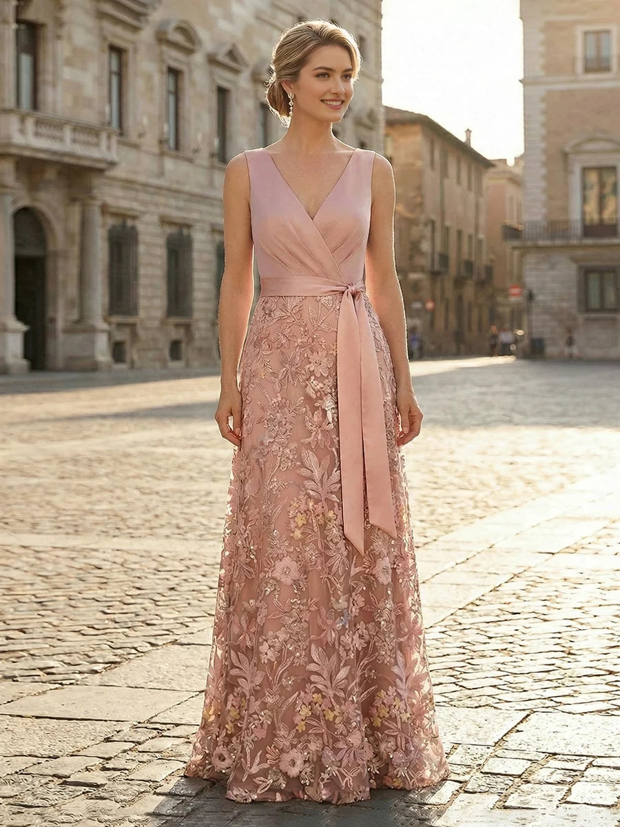 Blush Pink maxi mother of the bride dress, front view showing the a-line silhouette