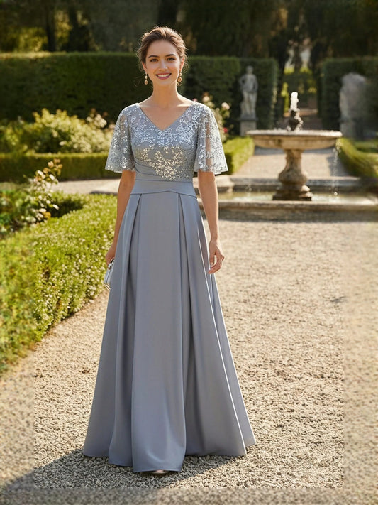 Steel Blue maxi mother of the bride dress, front view showing the a-line silhouette