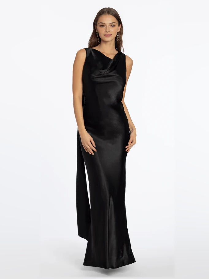 Black mermaid floor-length formal dress with halter neckline, full-length front view
