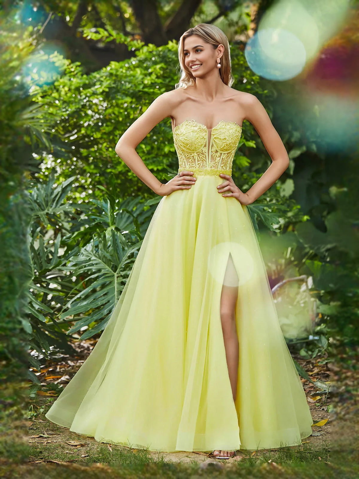 Daffodil floor-length prom dress, front view showing the a-line silhouette