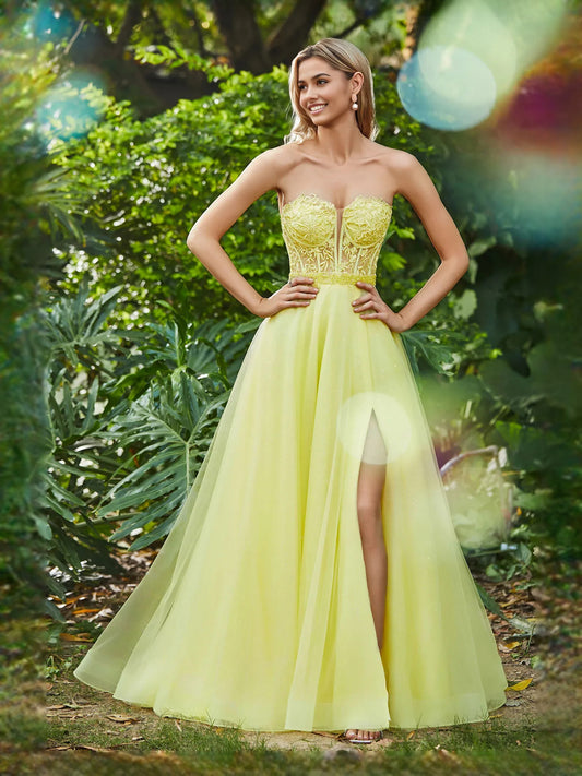 Daffodil floor-length prom dress, front view showing the a-line silhouette
