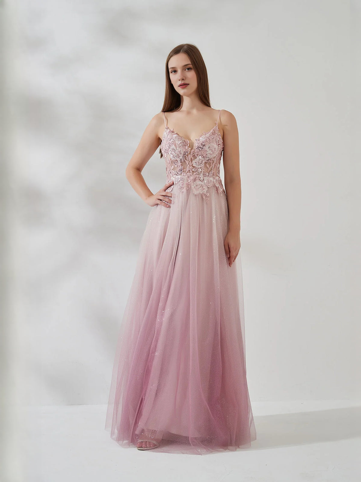 Light Pink maxi prom dress, front view showing the a-line silhouette