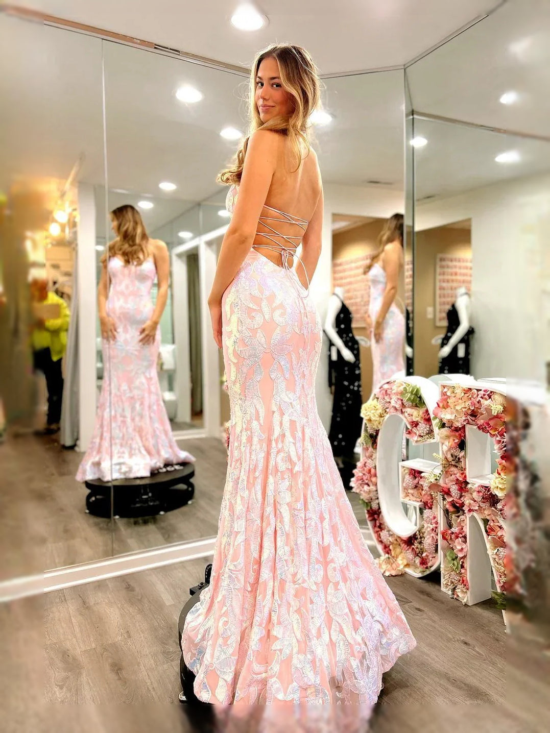 Pink maxi prom dress, front view showing the mermaid silhouette
