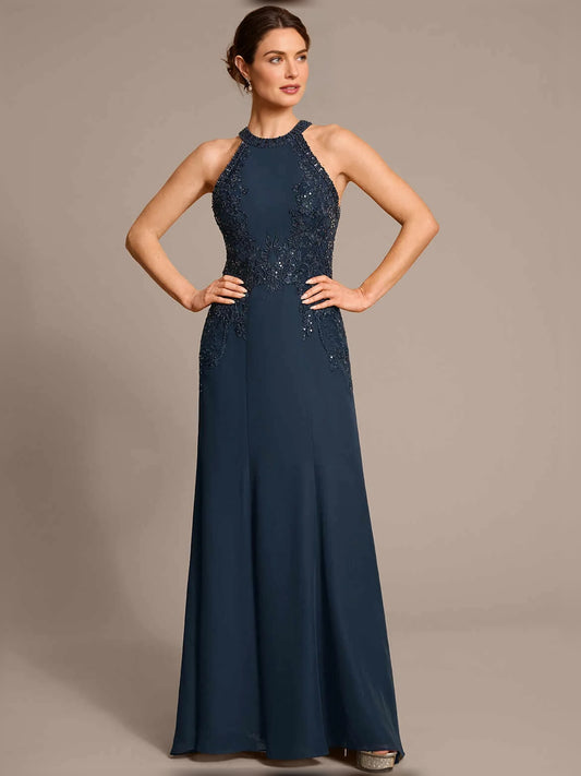 Dark Navy floor-length mother of the bride dress, front view showing the mermaid silhouette
