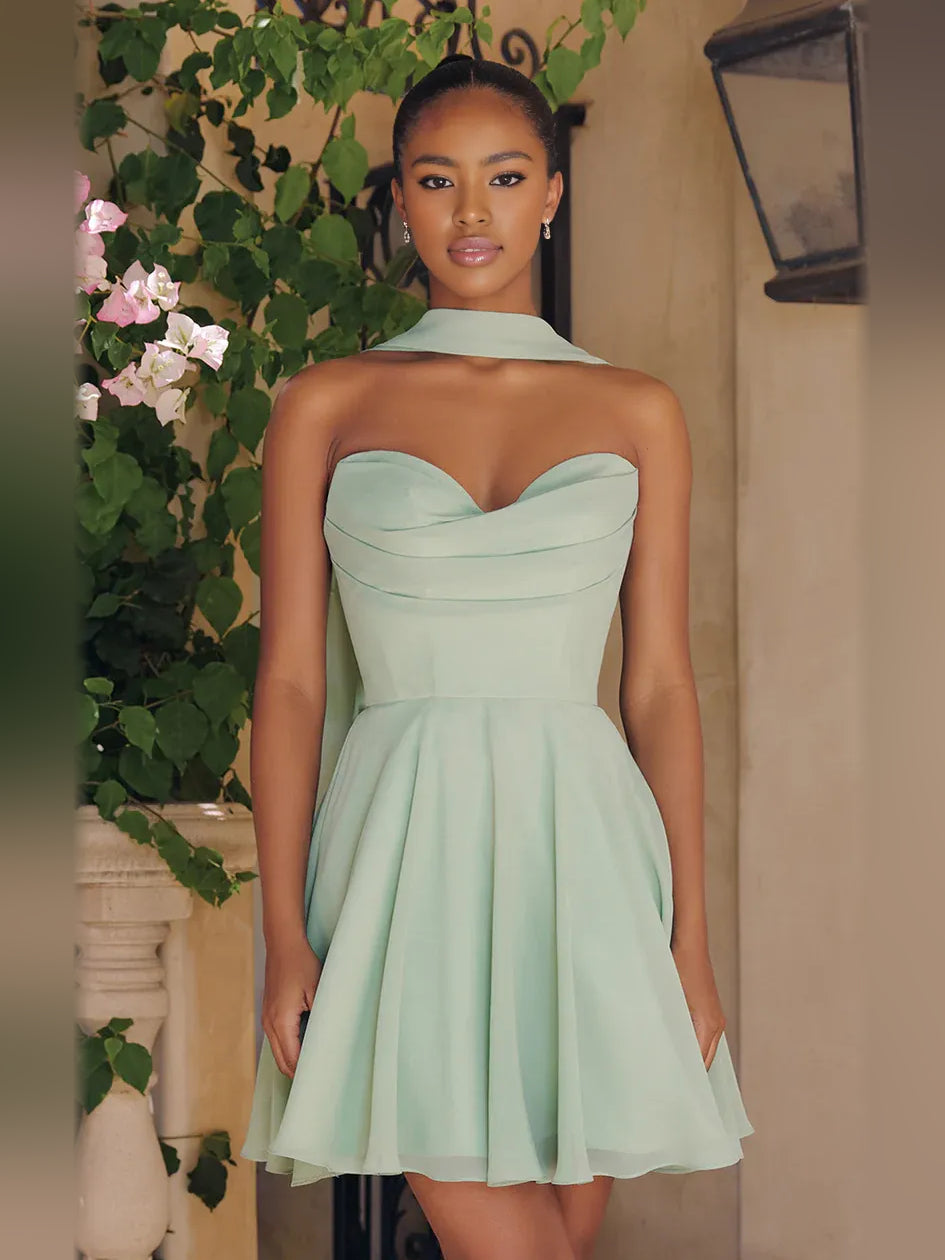 Mint Green mini homecoming dress, alternate view showing the full-length silhouette
