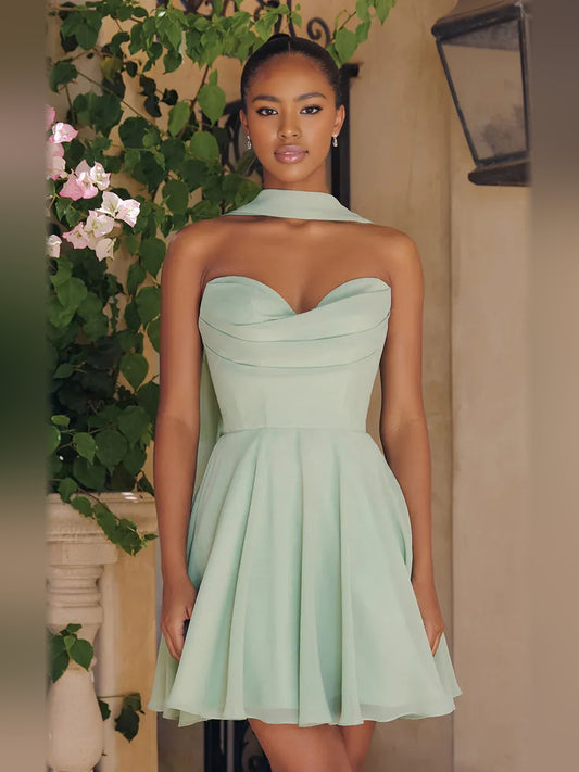 Mint Green mini homecoming dress, alternate view showing the full-length silhouette