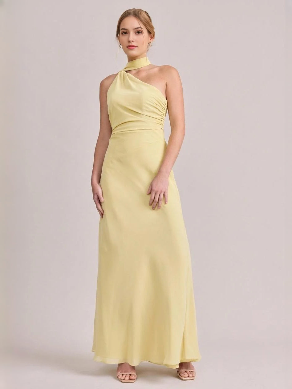 Pale Lemon maxi bridesmaid dress, front view showing the column silhouette