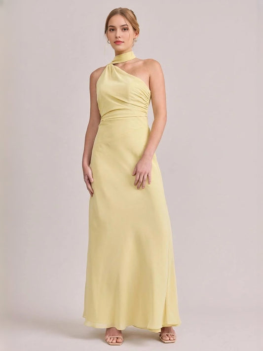 Pale Lemon maxi bridesmaid dress, front view showing the column silhouette