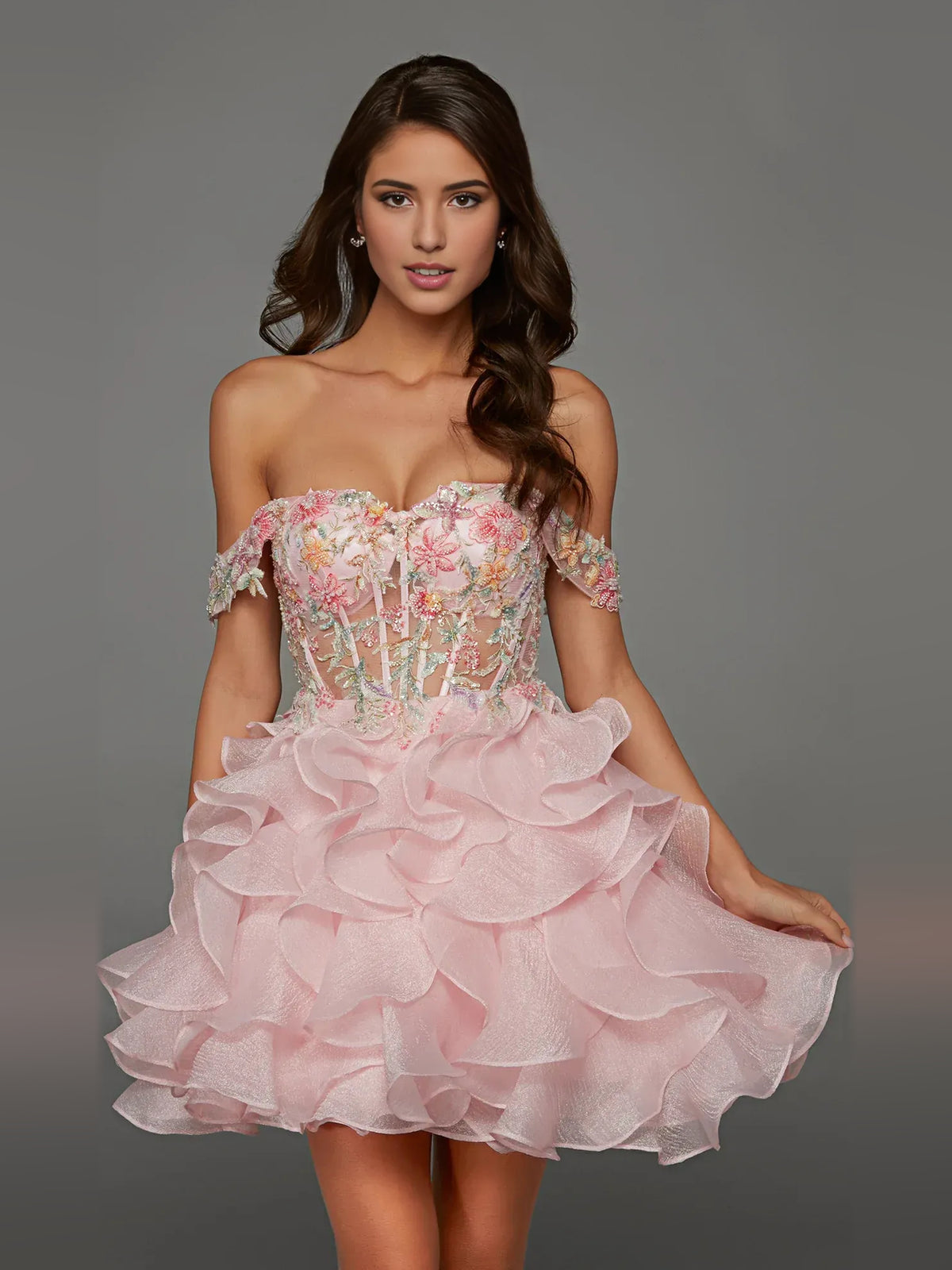 Blush Pink mini homecoming dress, alternate view showing the full-length silhouette
