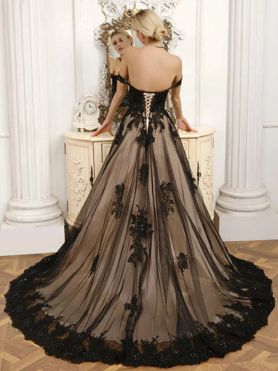 Black floor-length prom dress, front view showing the a-line silhouette