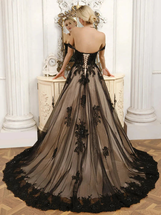 Black floor-length prom dress, front view showing the a-line silhouette