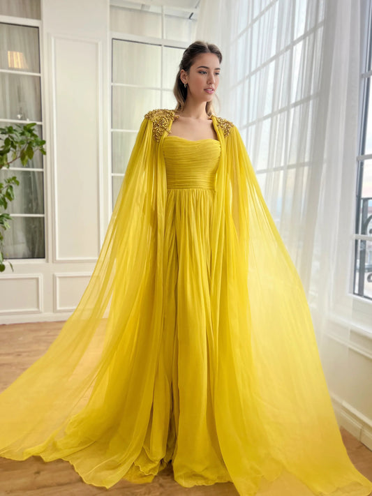 Yellow a-line floor-length formal dress with sweetheart neckline, full-length front view