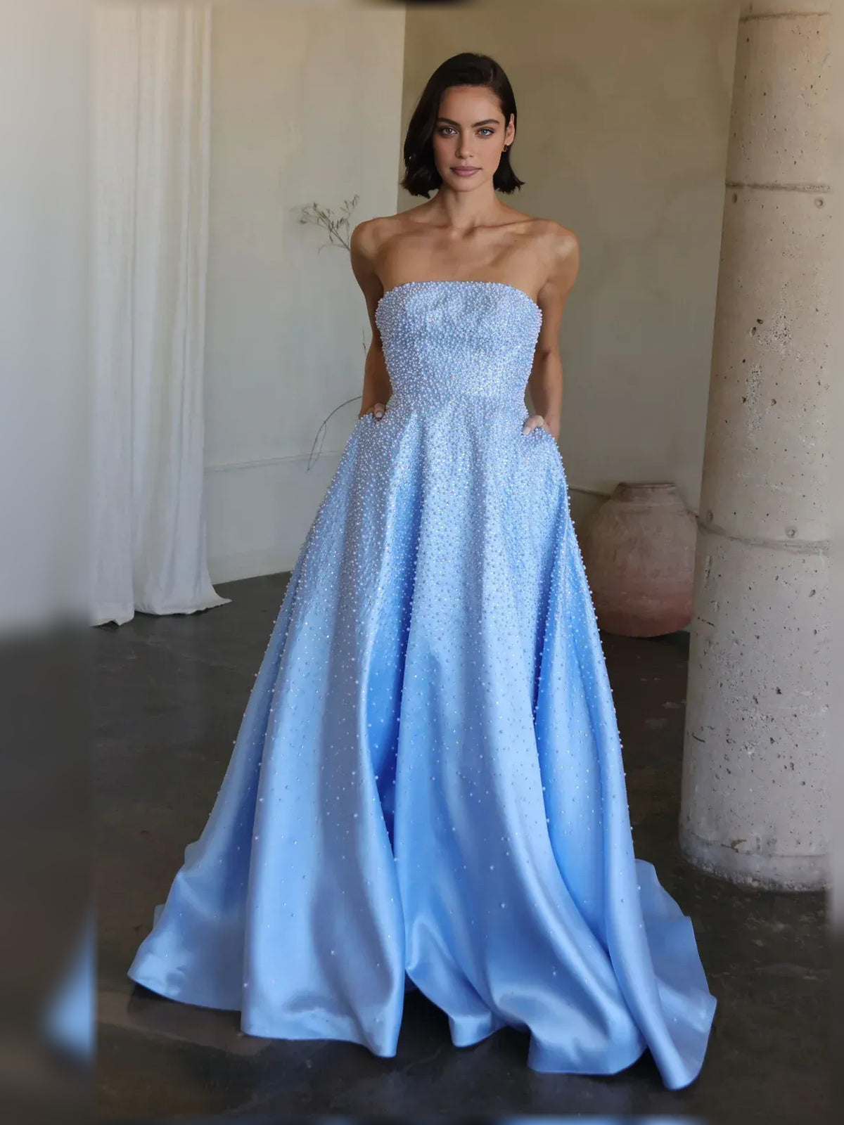 Light Blue floor-length formal dress with strapless neckline, full-length front view