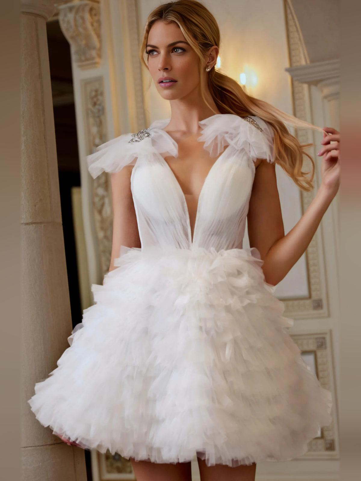 Ivory mini homecoming dress, alternate view showing the full-length silhouette