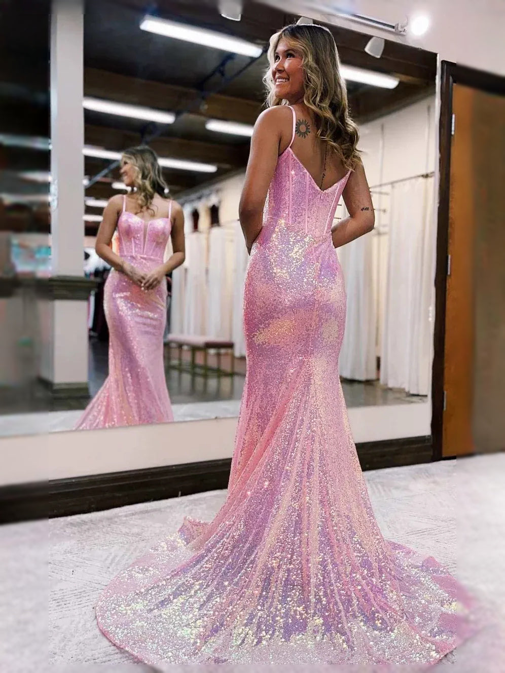 Pink maxi prom dress, front view showing the mermaid silhouette