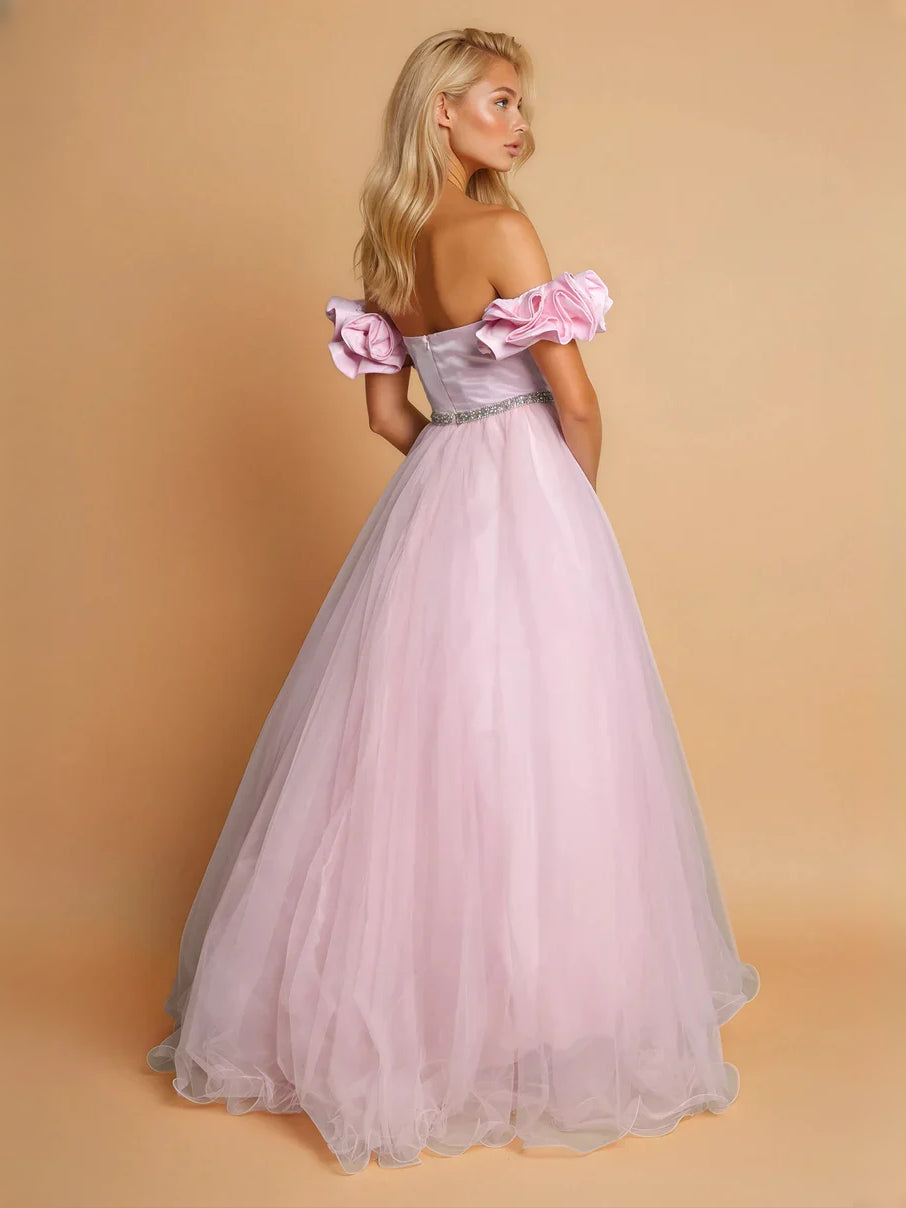 White floor-length prom dress, front view showing the a-line silhouette