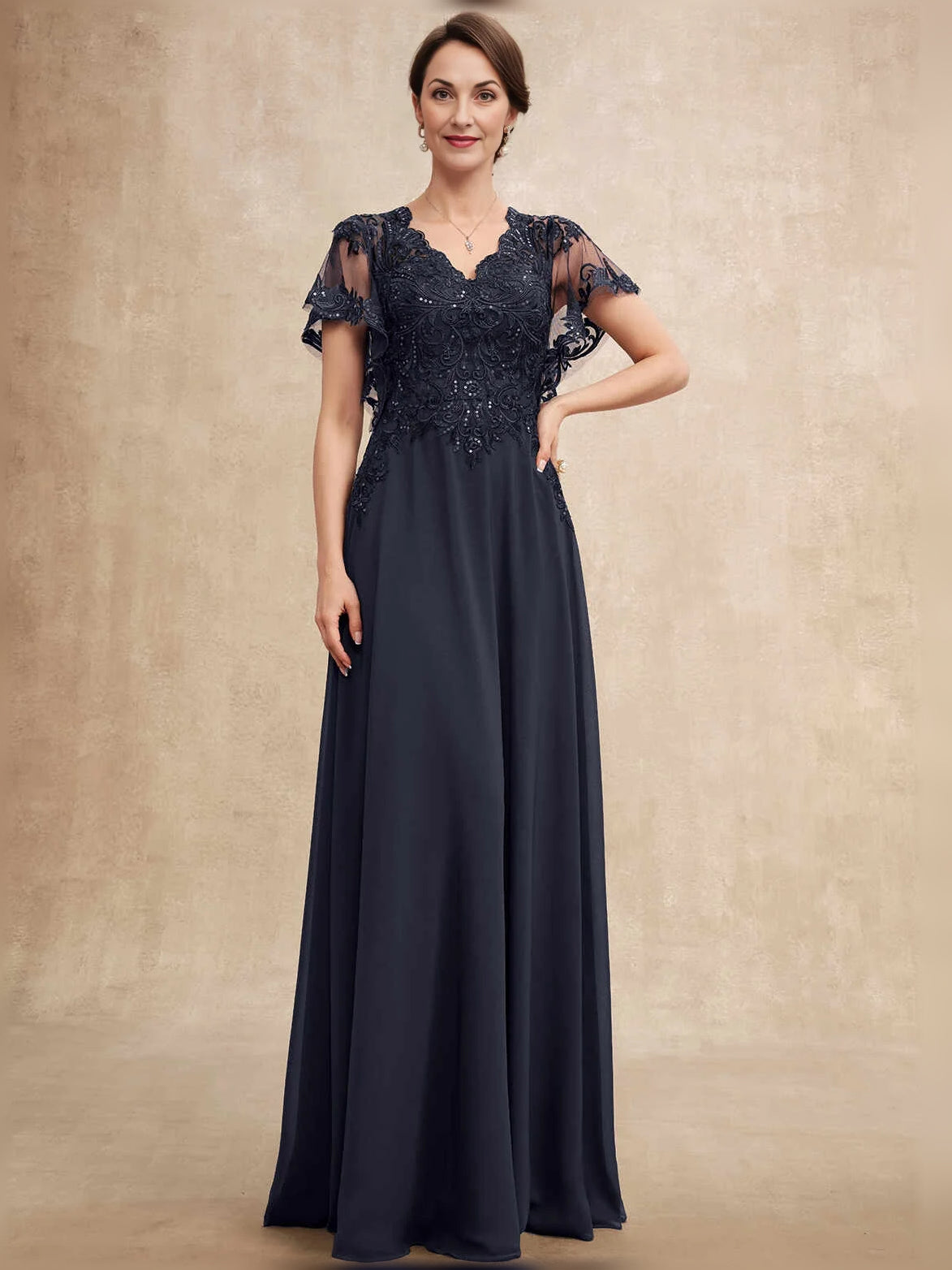 Dark Navy floor-length mother of the bride dress, front view showing the a-line silhouette