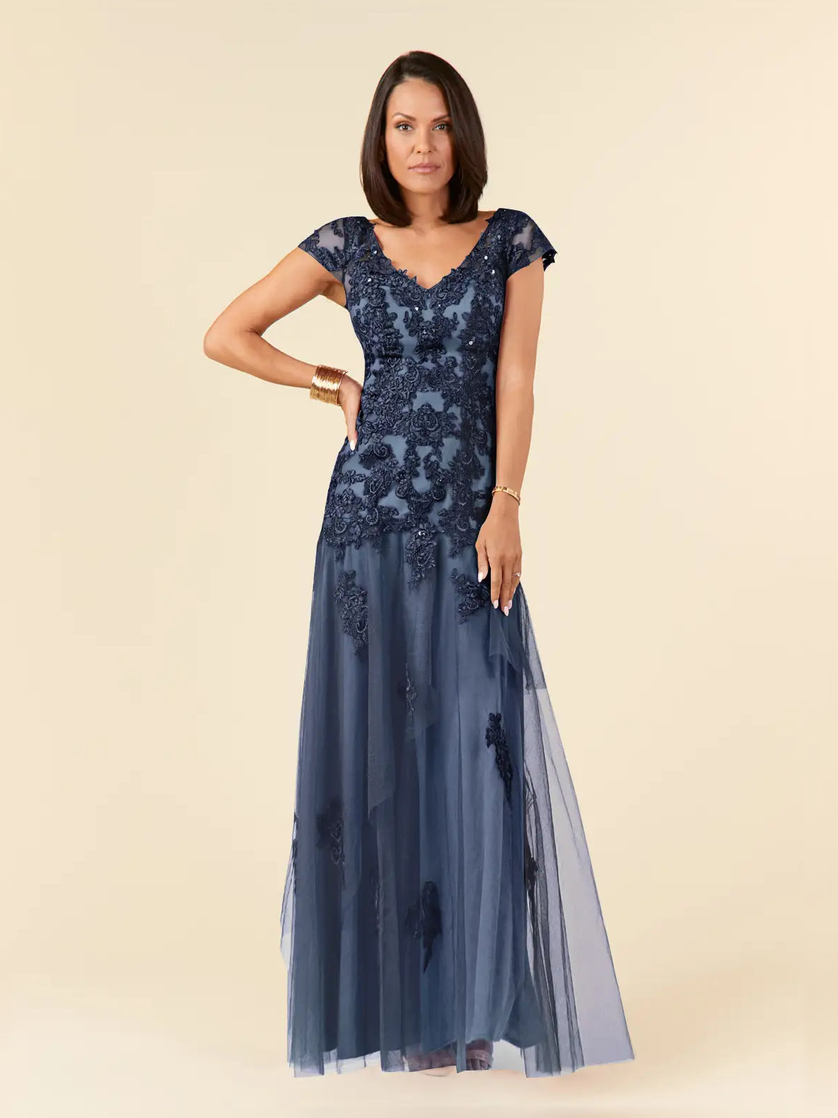 Dark Navy floor-length mother of the bride dress, front view showing the a-line silhouette