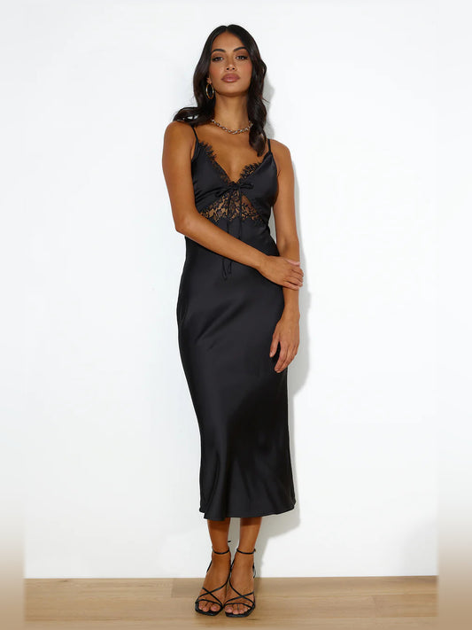 Black midi formal dress, full-length front view