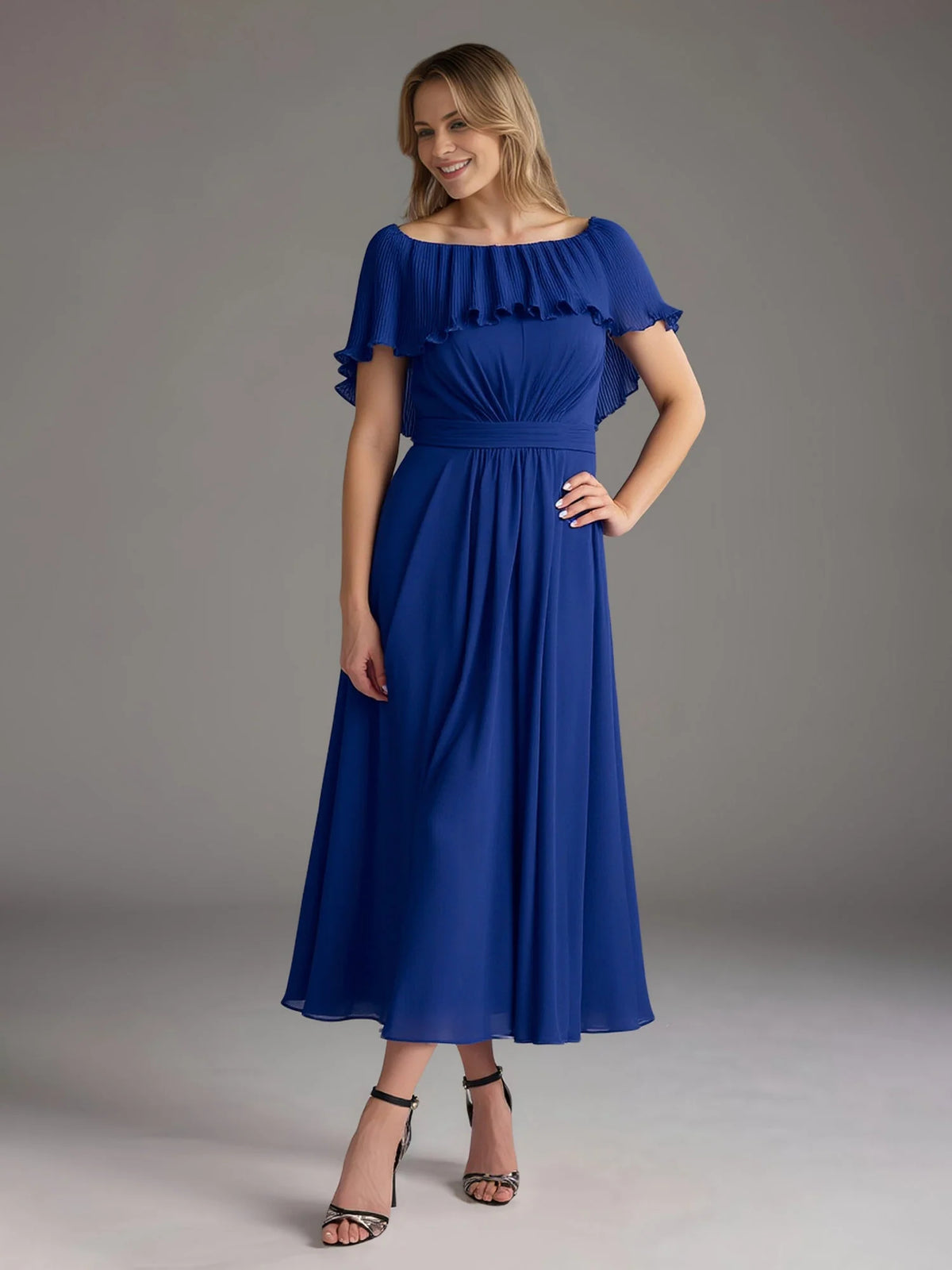 Royal Blue a-line midi formal dress with off-the-shoulder neckline, full-length front view