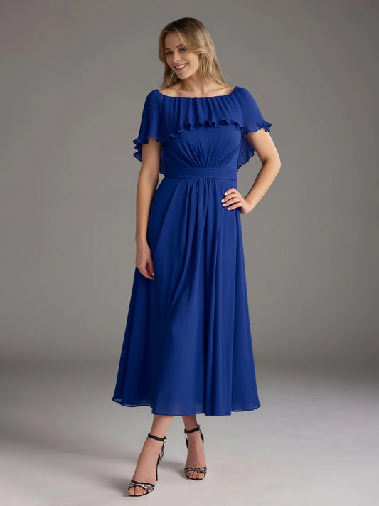 Royal Blue a-line midi formal dress with off-the-shoulder neckline, full-length front view