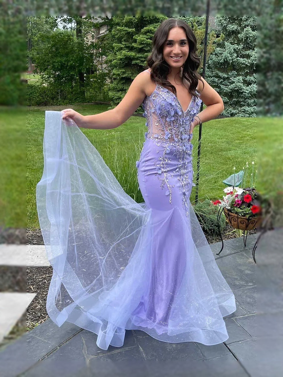 Lavender maxi prom dress, front view showing the mermaid silhouette