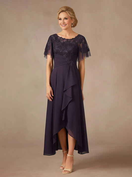 Plum midi mother of the bride dress, front view showing the a-line silhouette