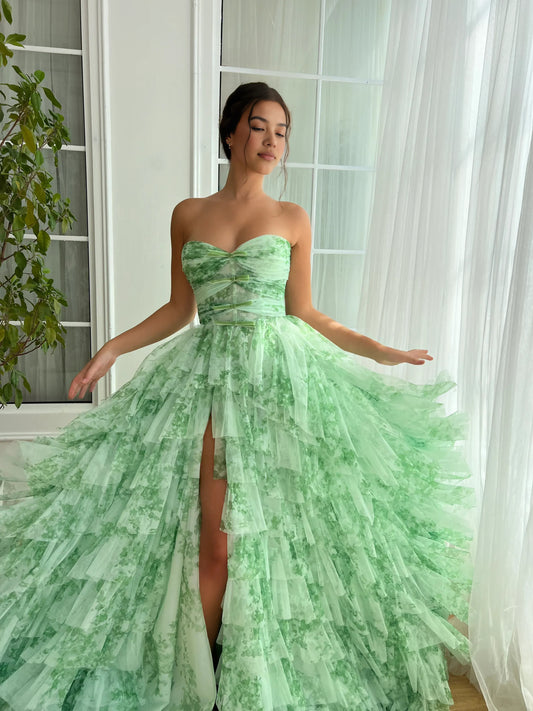 As Picture high-low prom dress, front view showing the a-line silhouette