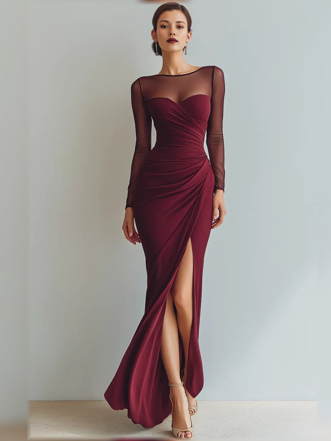 Burgundy sheath floor-length formal dress with sweetheart neckline, full-length front view