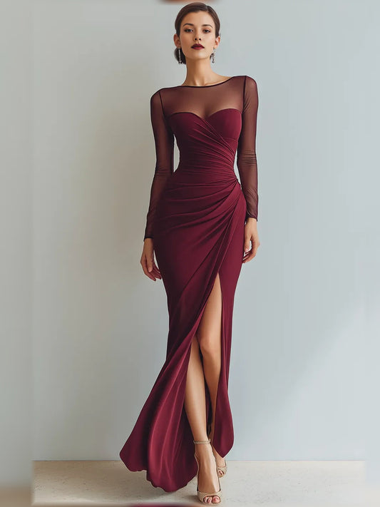 Burgundy sheath floor-length formal dress with sweetheart neckline, full-length front view
