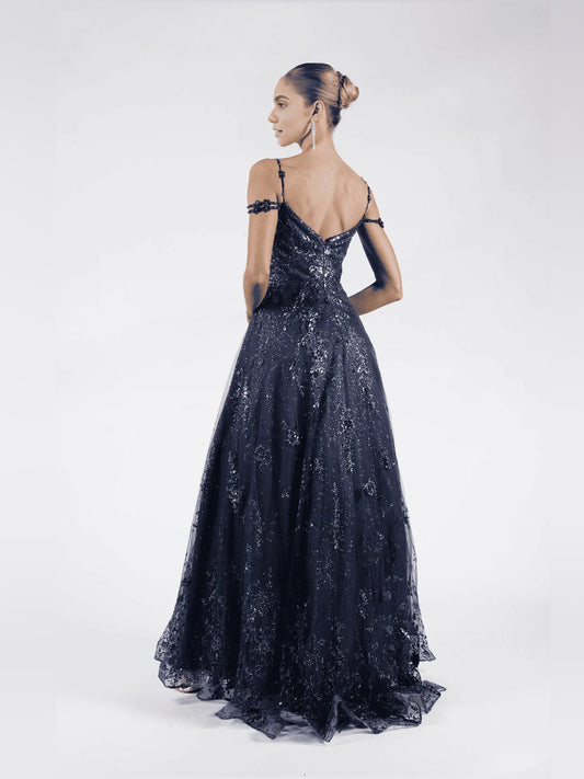 Navy Blue floor-length prom dress, front view showing the a-line silhouette