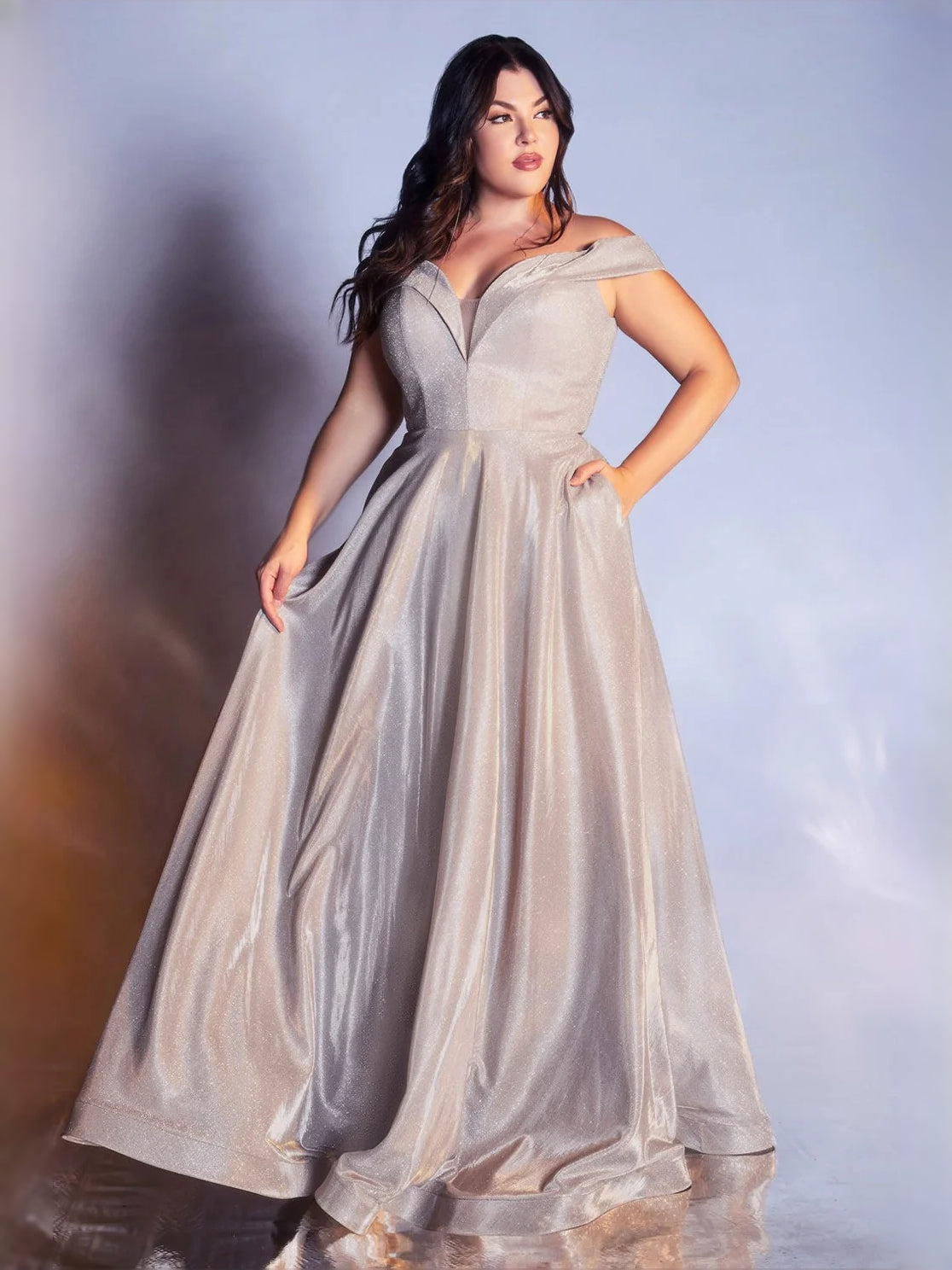 Champagne floor-length prom dress, front view showing the a-line silhouette