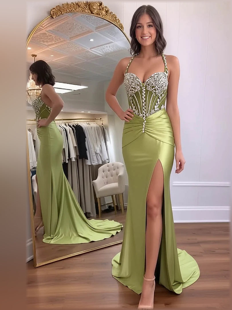 Sage Green mermaid floor-length formal dress with halter neckline, full-length front view
