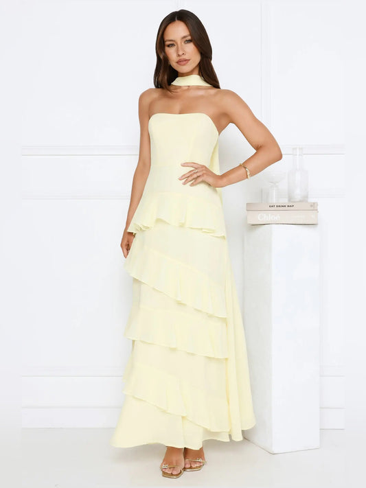 Yellow a-line maxi formal dress with strapless neckline, full-length front view