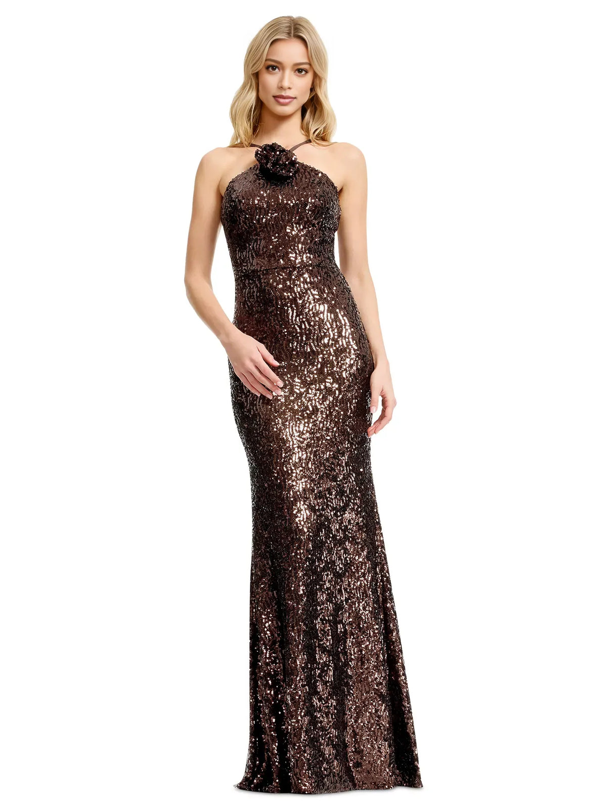 Chocolate mermaid floor-length formal dress with halter neckline, full-length front view