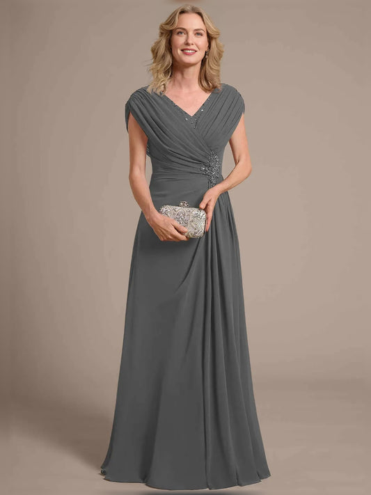 Grey floor-length mother of the bride dress, front view showing the a-line silhouette