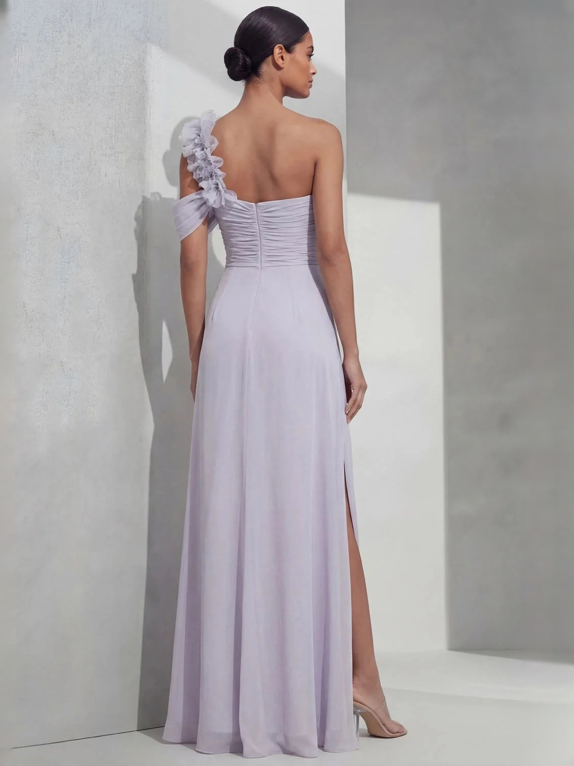 Lilac maxi bridesmaid dress, front view showing the mermaid silhouette