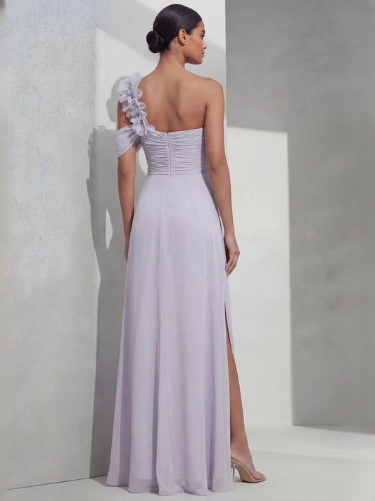 Lilac maxi bridesmaid dress, front view showing the mermaid silhouette