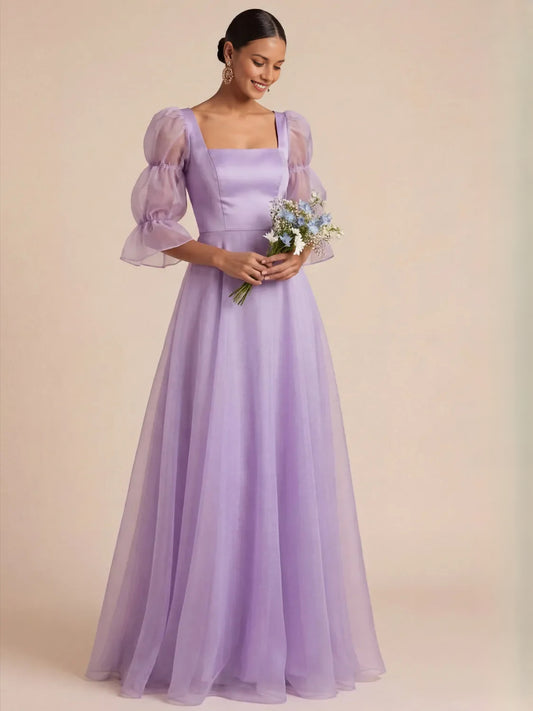 Lilac maxi bridesmaid dress, front view showing the a-line silhouette