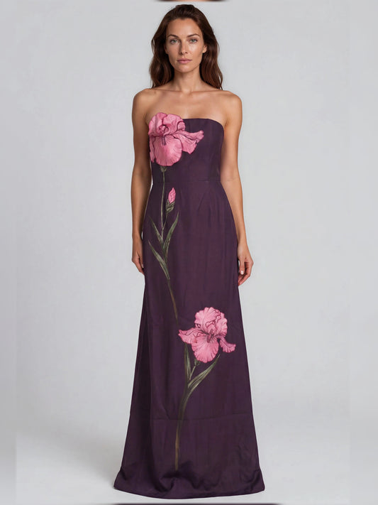 Dusty Plum a-line floor-length formal dress with strapless neckline, full-length front view