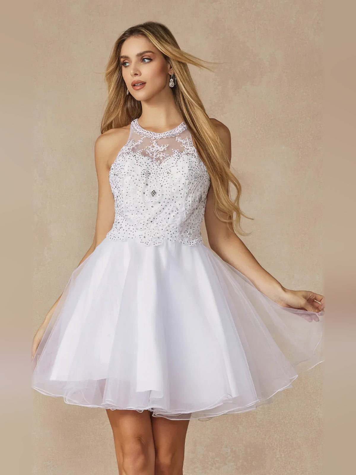 White short homecoming dress, alternate view showing the full-length silhouette