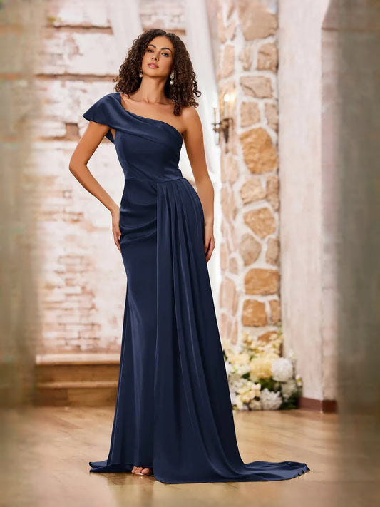 Navy Blue floor-length prom dress, front view showing the mermaid silhouette