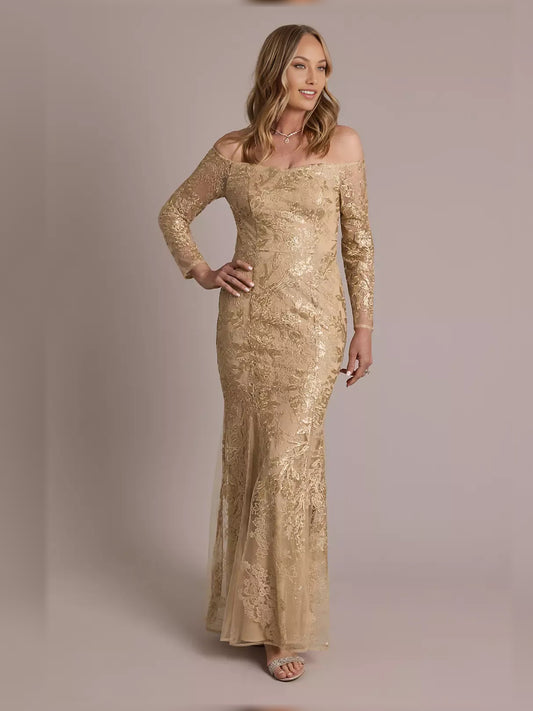 Gold maxi mother of the bride dress, front view showing the mermaid silhouette