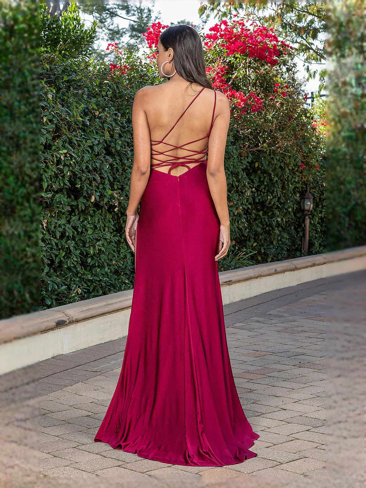 Burgundy floor-length prom dress, front view showing the mermaid silhouette
