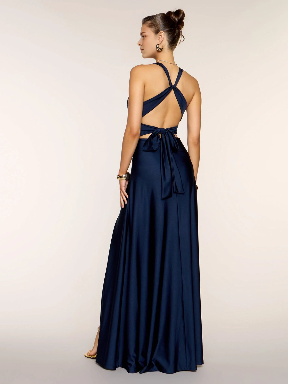 Navy maxi prom dress, front view showing the a-line silhouette